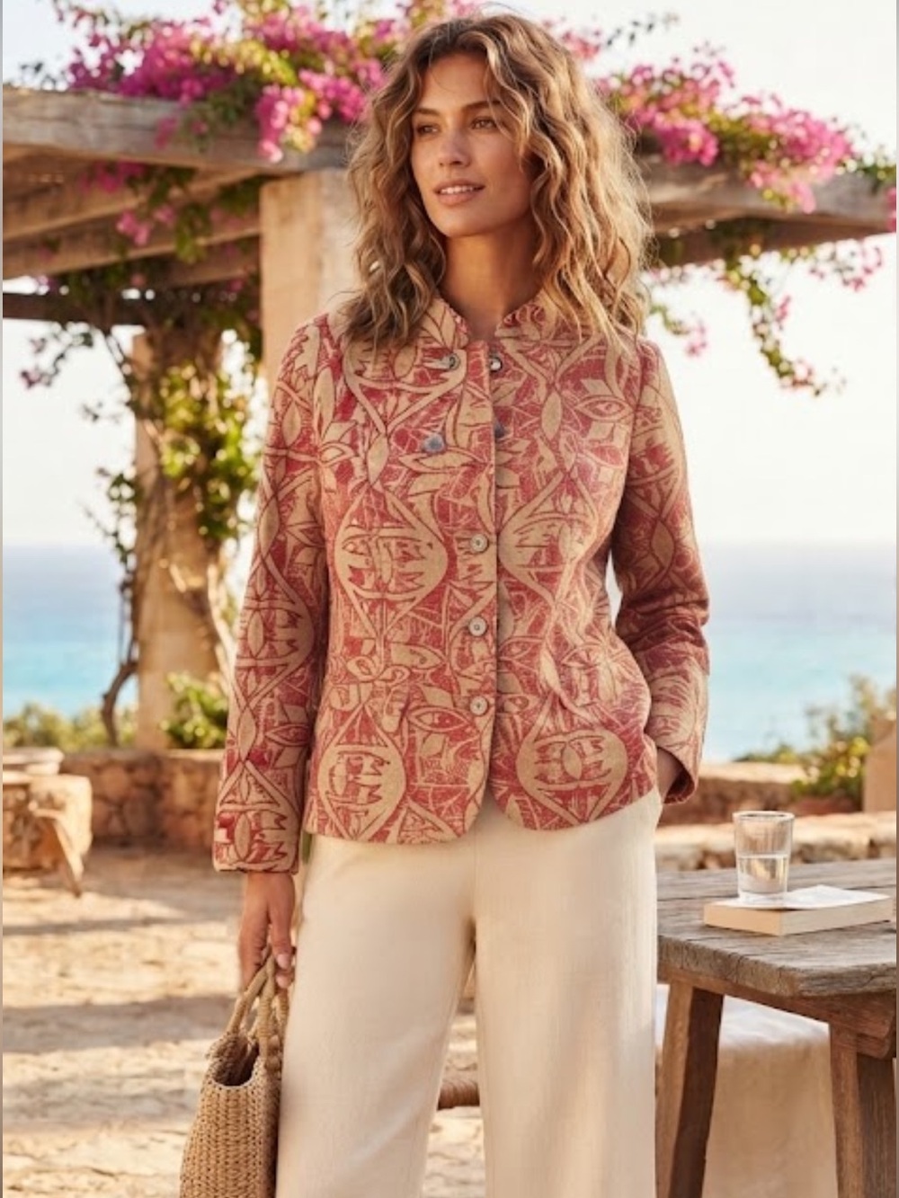 Coldwater Creek Textured Floral Jacket Blazer Red Tan Boho Artwear Size S